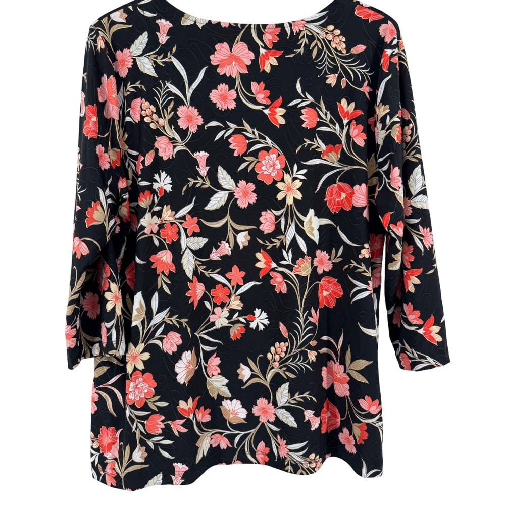 JM Collection Women XL Floral 3/4 Sleeve Top Black Red Gold Metallic Blouse Boho